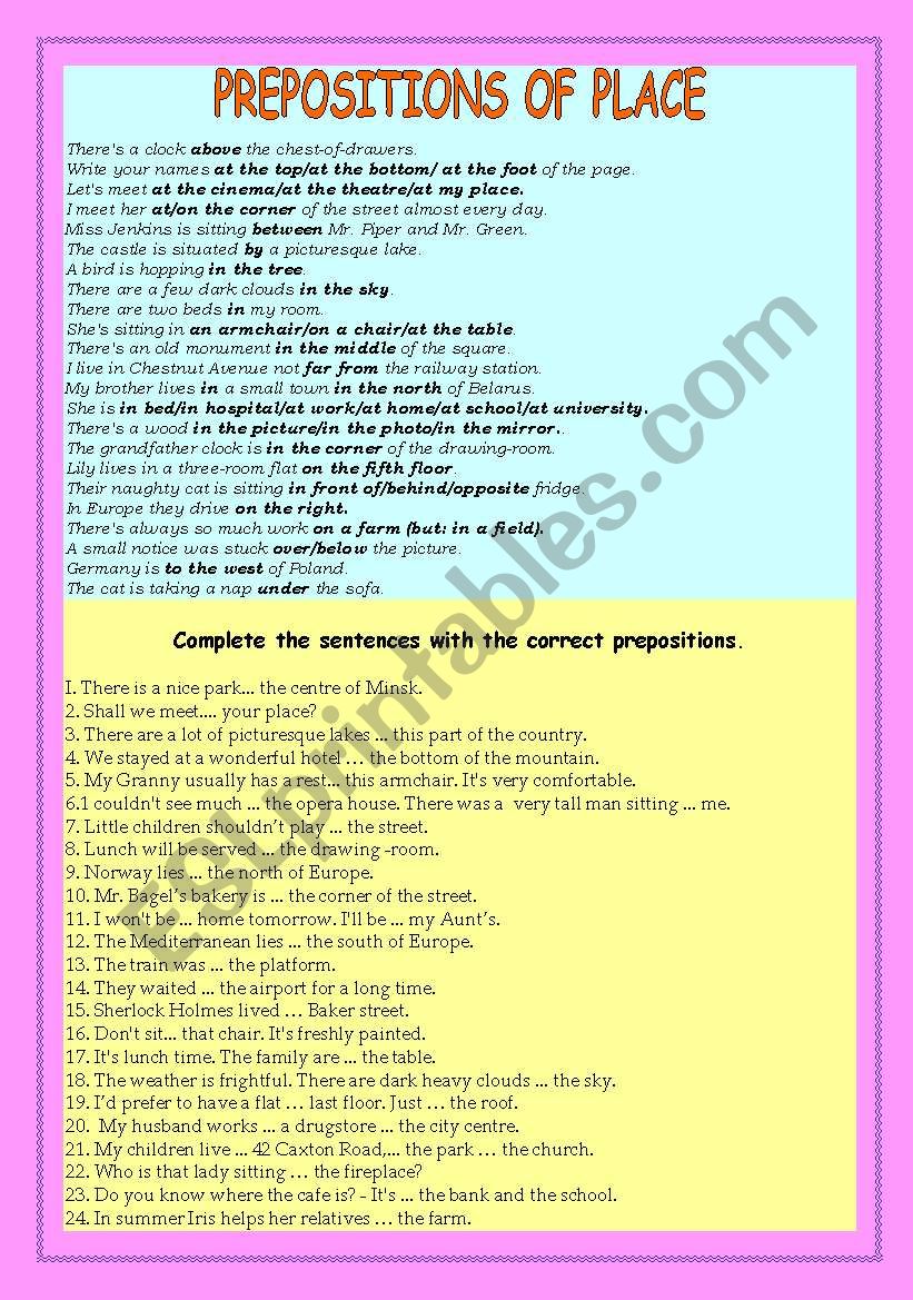 Prepositions of place worksheet