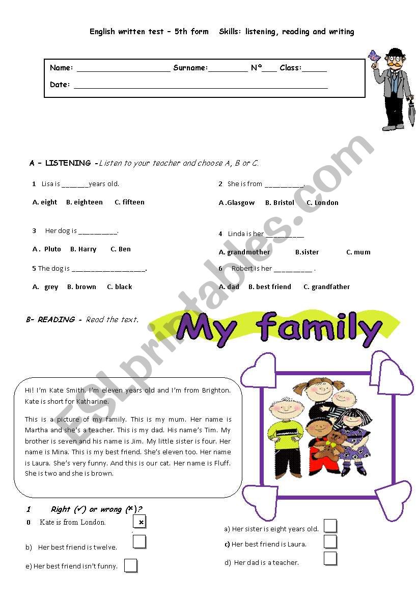 Test- 5th form- My family and me