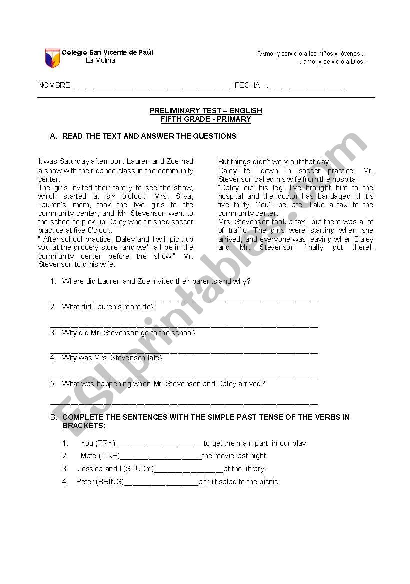 ENTRY TEST 5TH GRADE worksheet