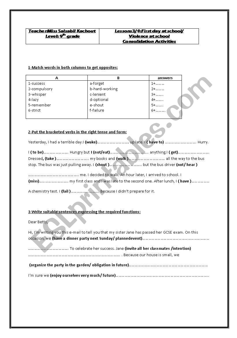 school life worksheet