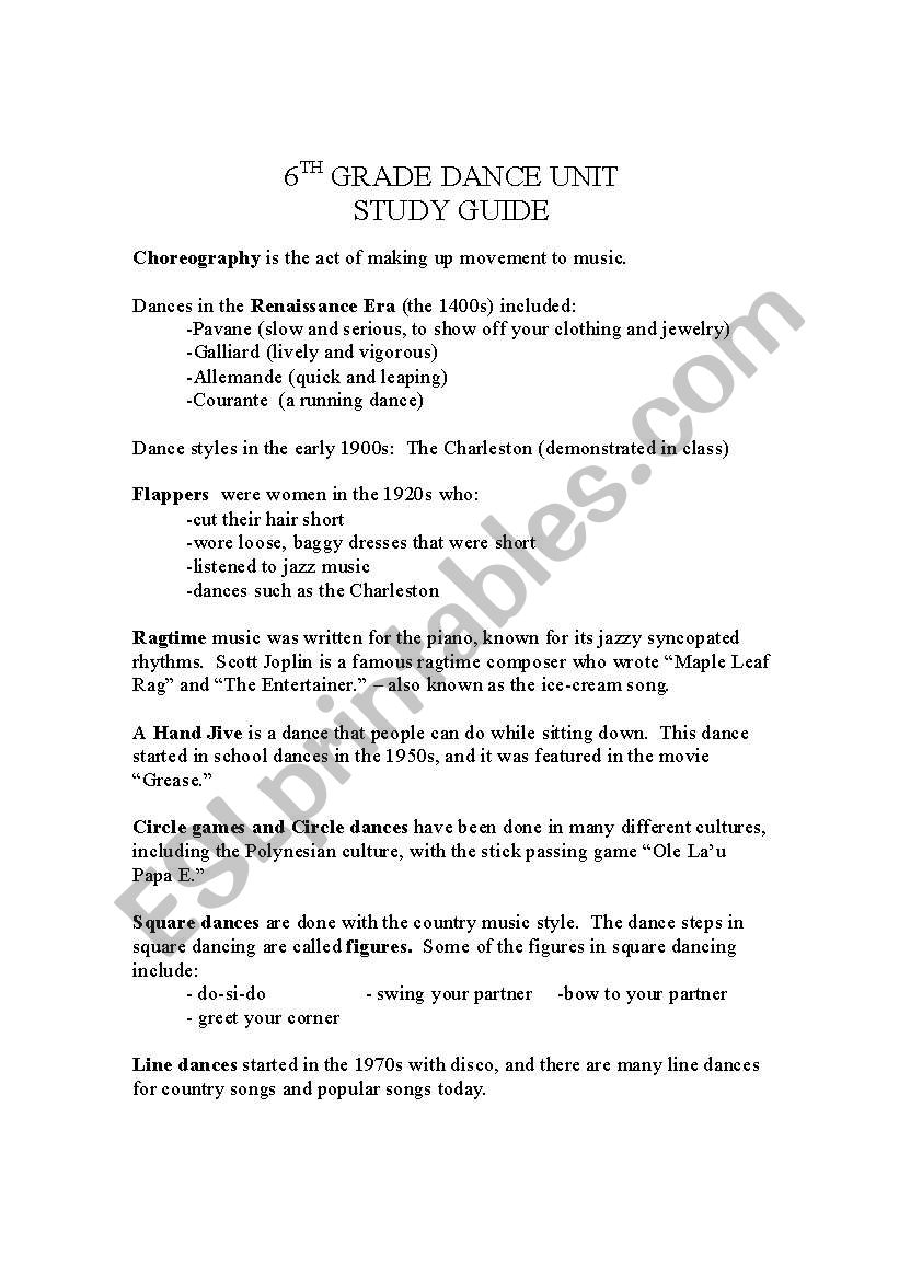 Dance Unit Study Guide worksheet