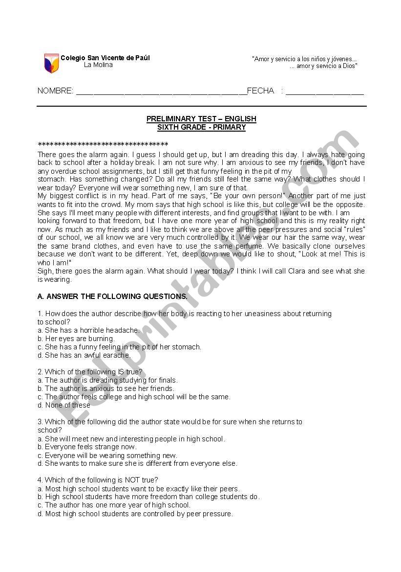 ENTRY TEST 6TH GRADE worksheet