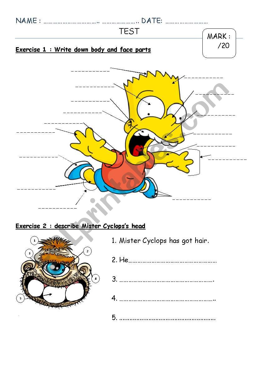 body & face parts TEST worksheet