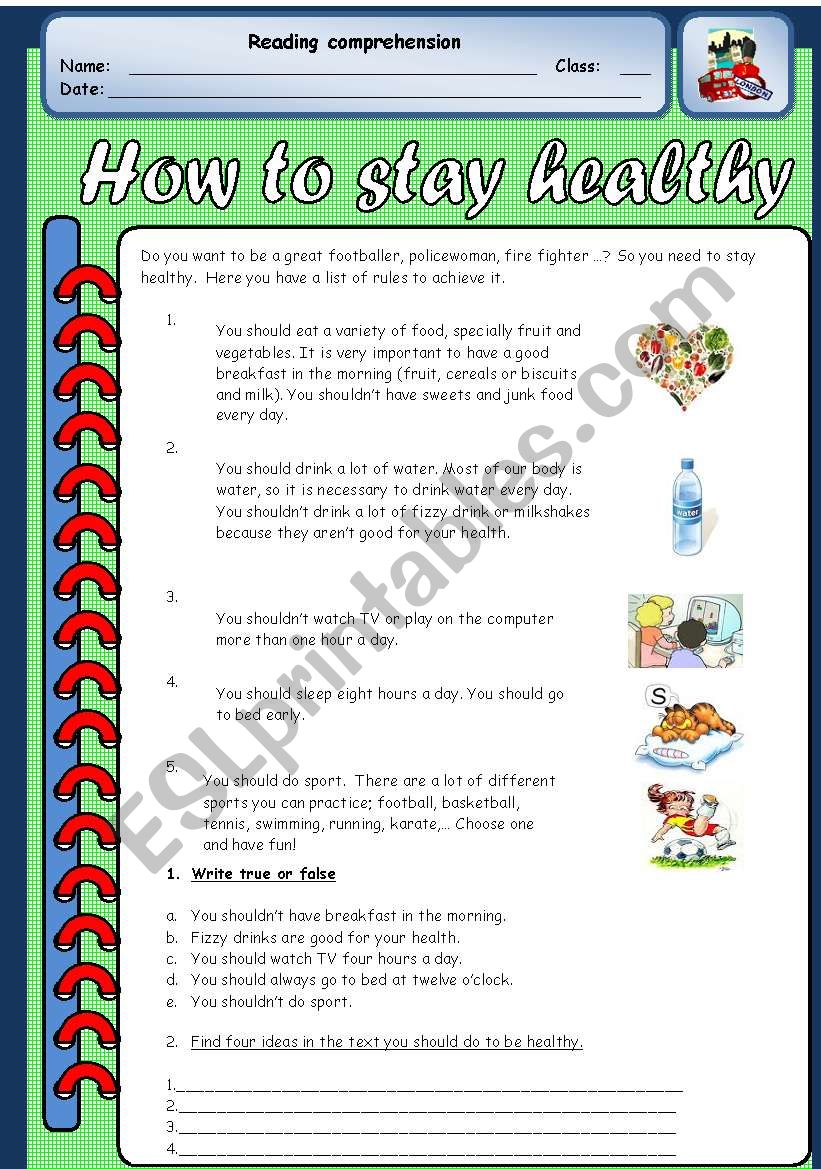 How to stay healthy worksheet