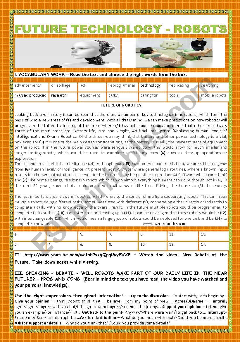 FUTURE TECHNOLOGY - ROBOTS worksheet