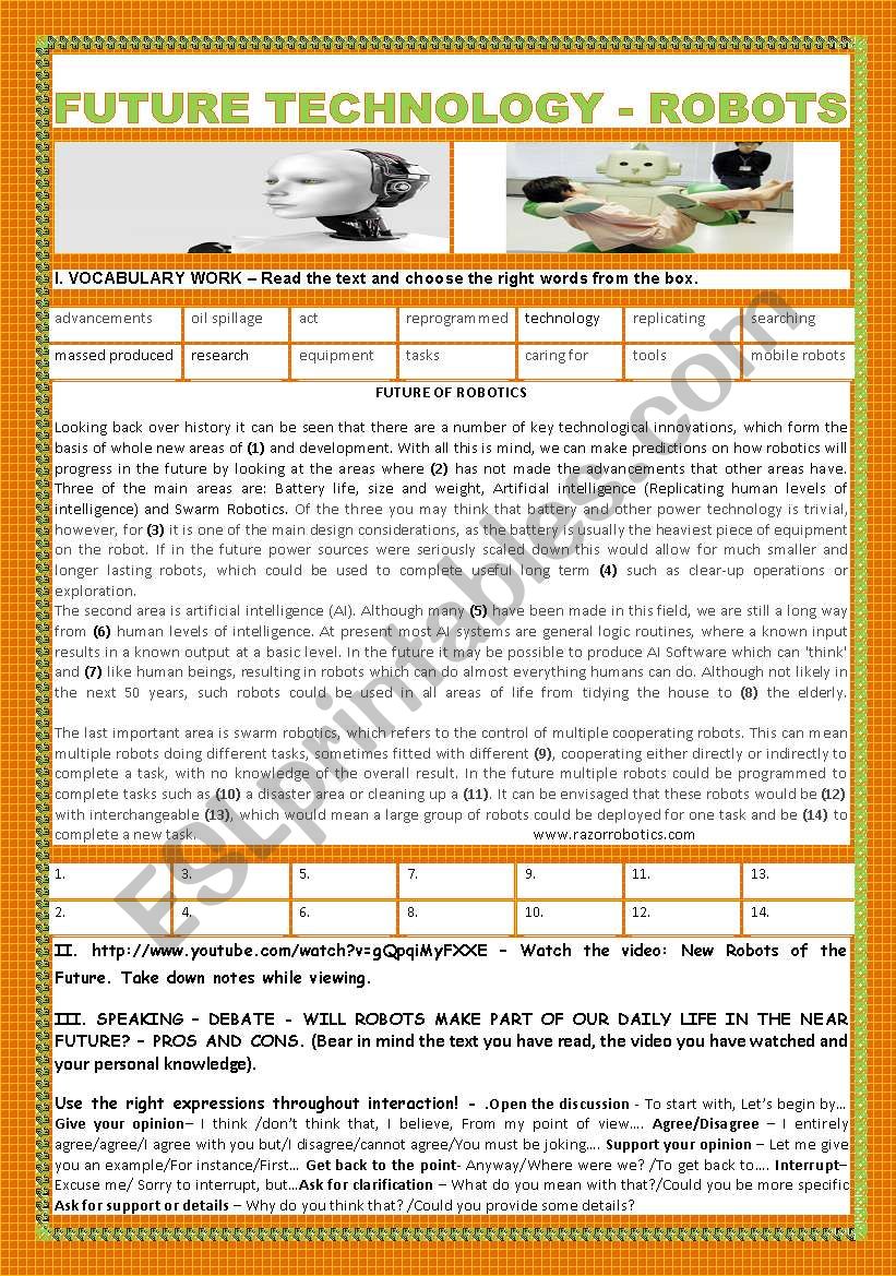 FUTURE TECHNOLOGY - ROBOTS worksheet