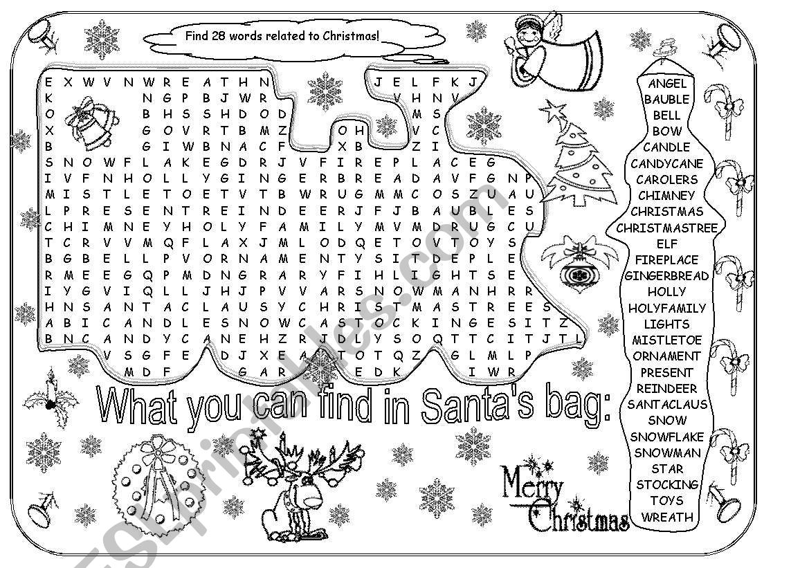 Christmas wordsearch - 28 words - beginners and elementary