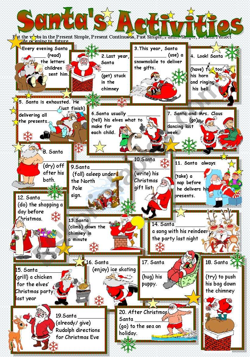 SANTAS ACTIVITIES  (Tense Revision)  B/W + Key included- Editable