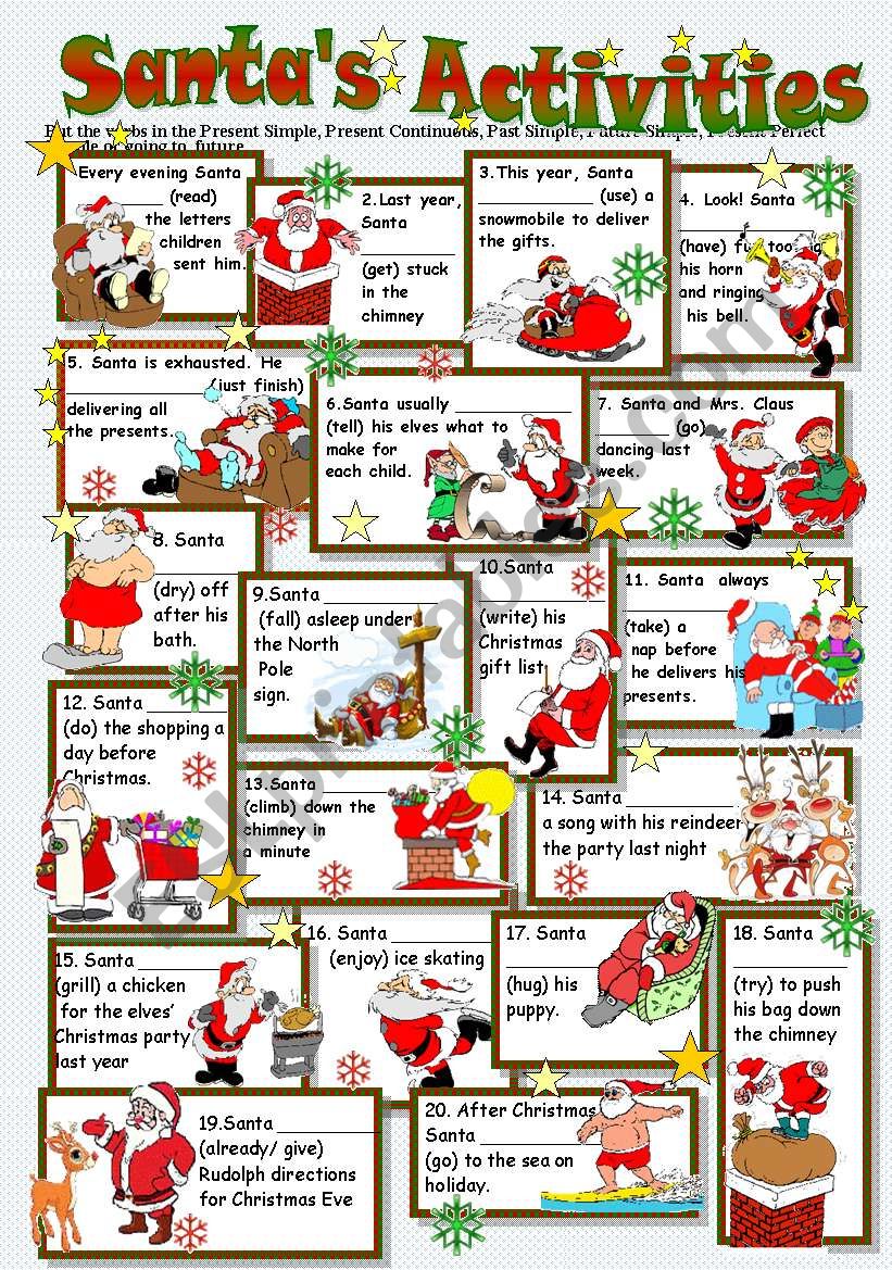 SANTAÂ´S ACTIVITIES  (Tense Revision)  B/W + Key included- Editable
