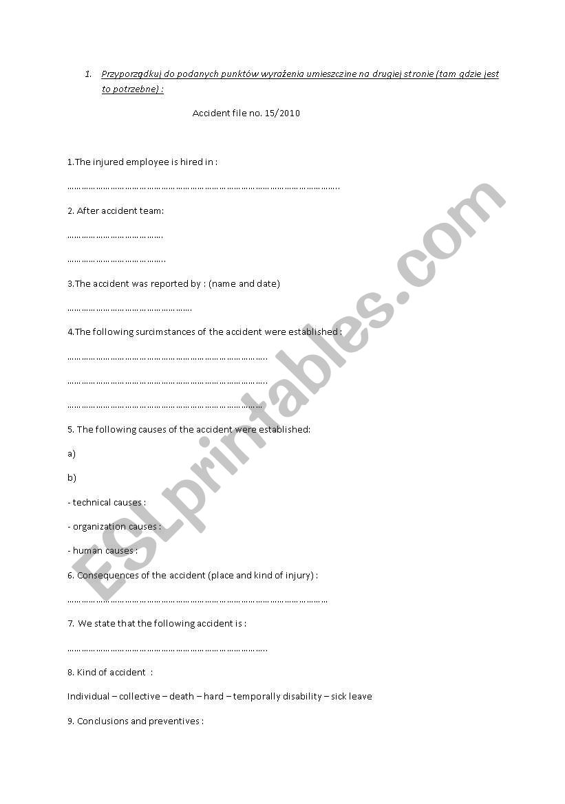 Accident at workplace worksheet