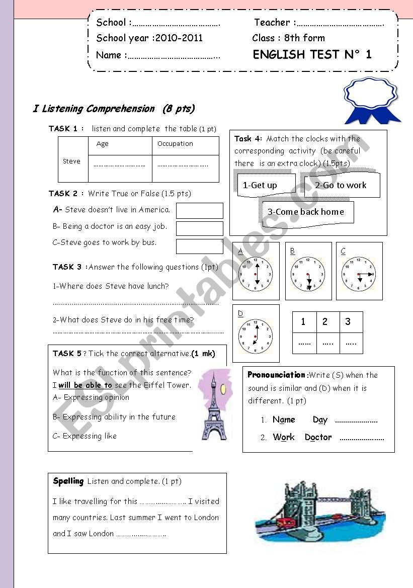 mid-term test for 8th form worksheet