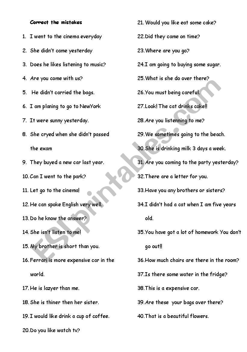 CORRECTION worksheet
