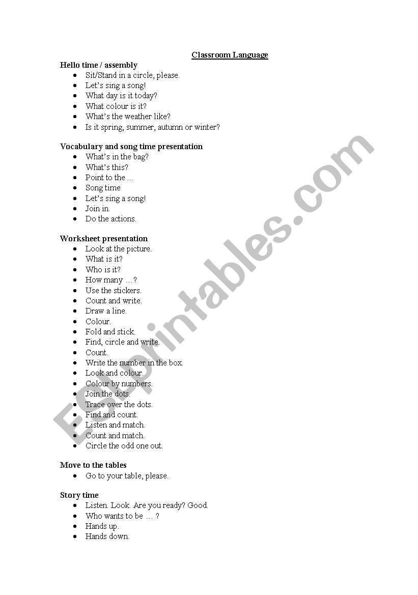 Classroom Language worksheet