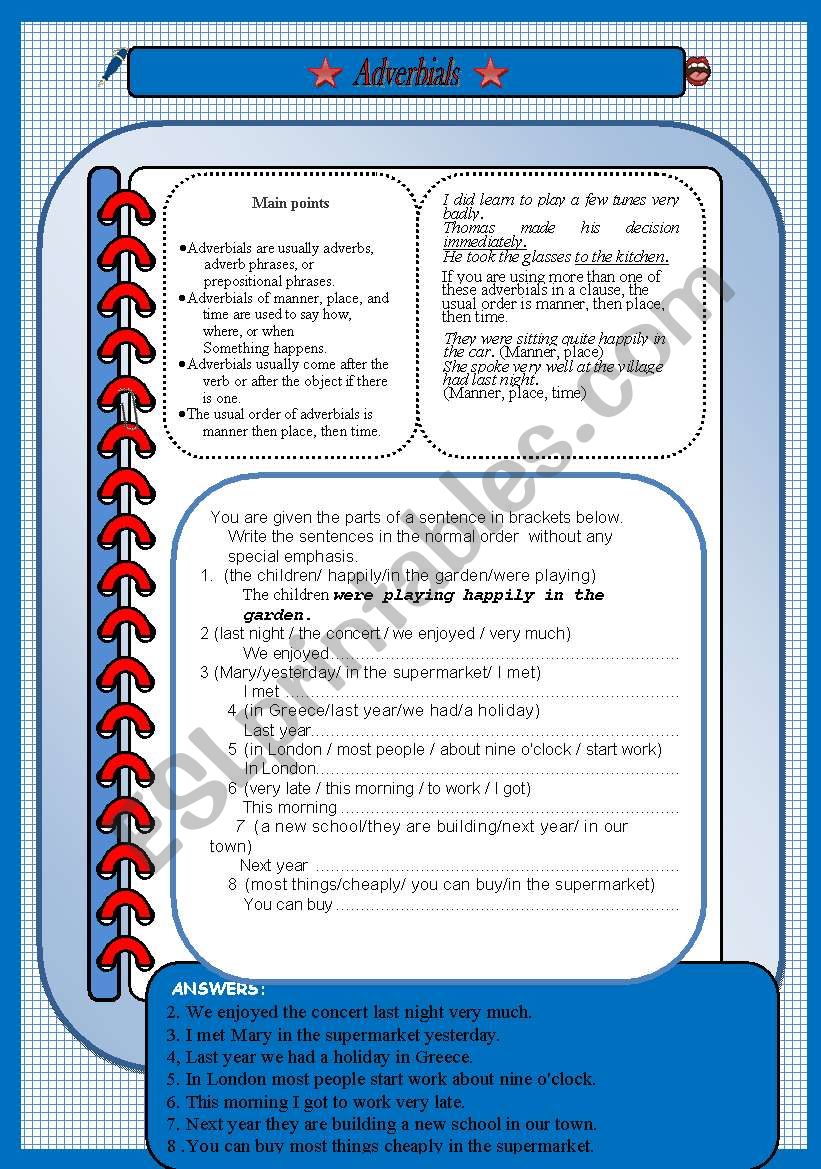 Adverbials worksheet