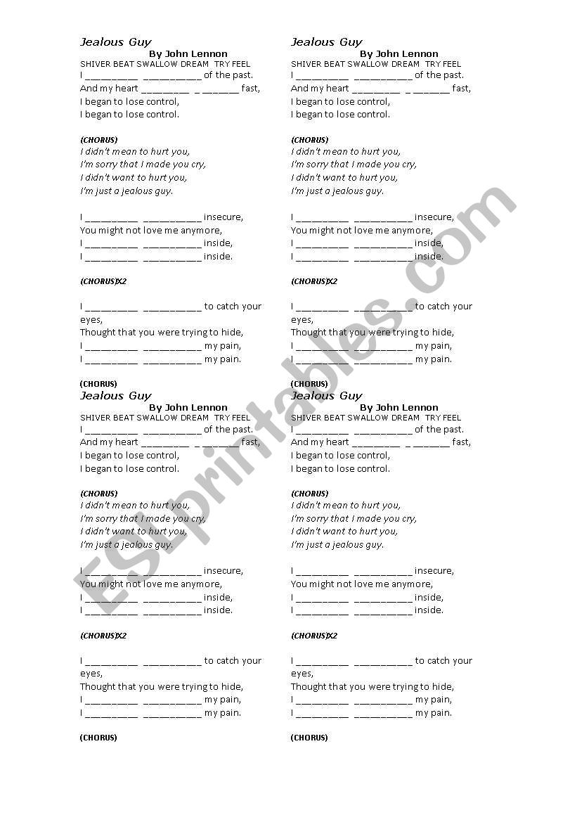 Jealous Guy Song  worksheet