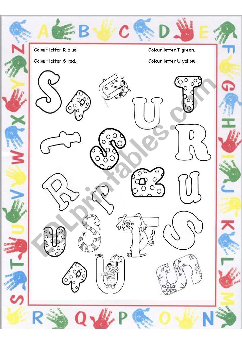 Colour the letter R, S, T, U worksheet