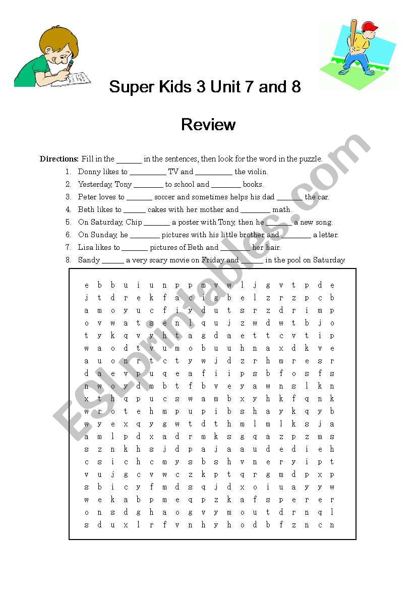 Super Kids 3 Unit7 and 8 Word Search