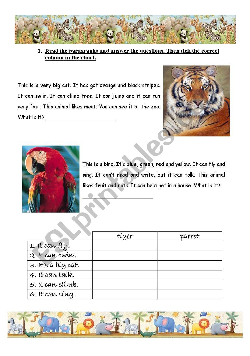 Parrots and Tigers worksheet