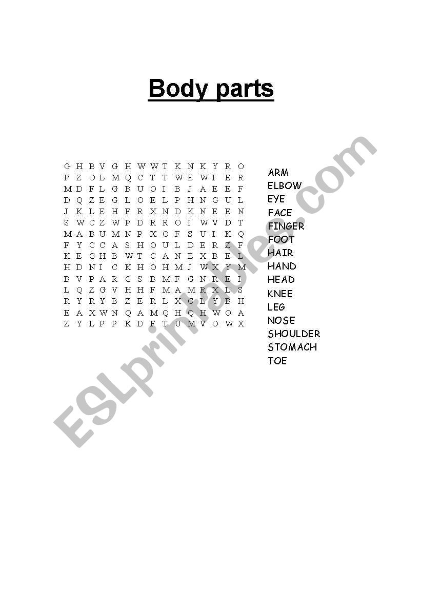 Body parts word search worksheet