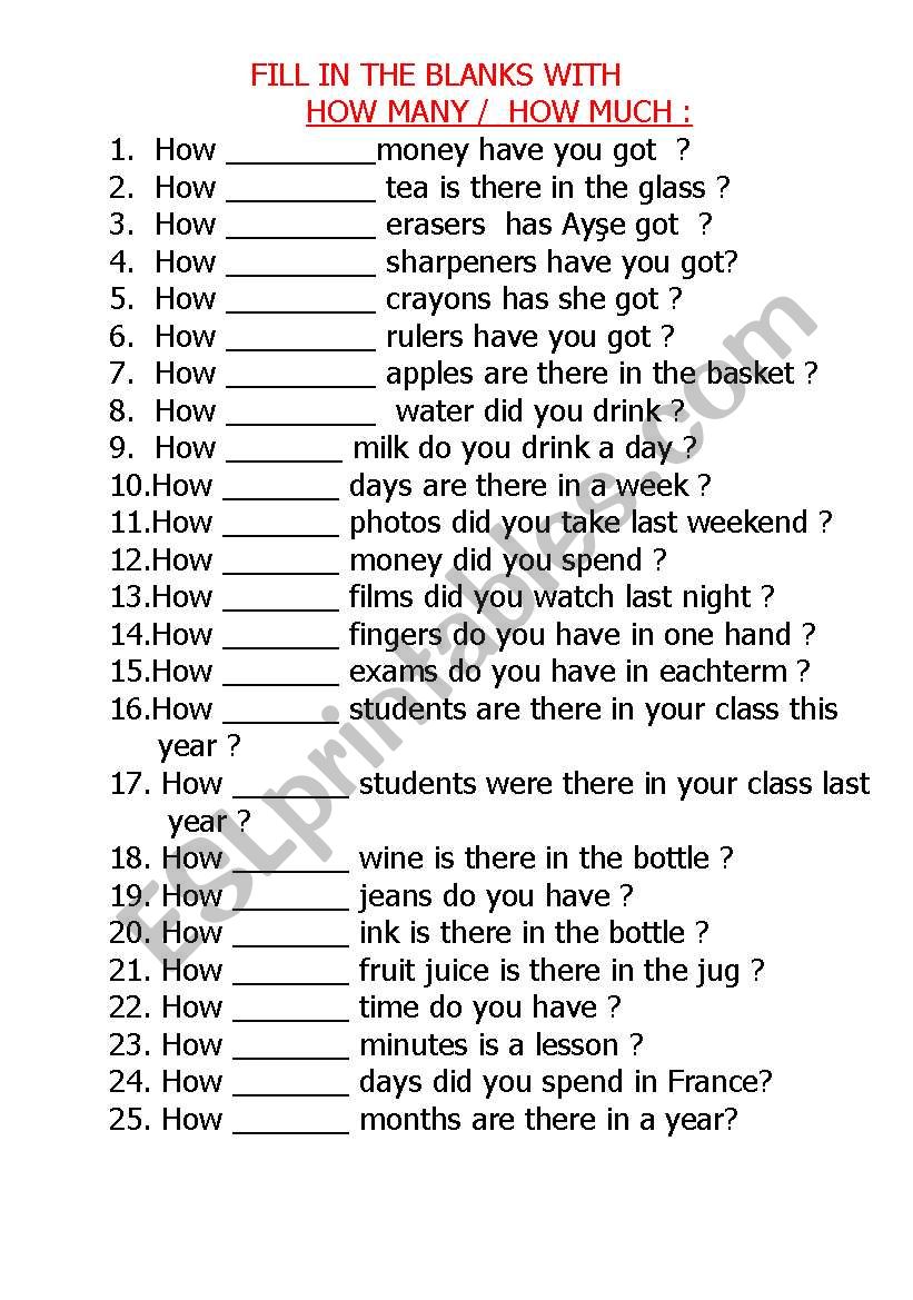 How many/ How much worksheet