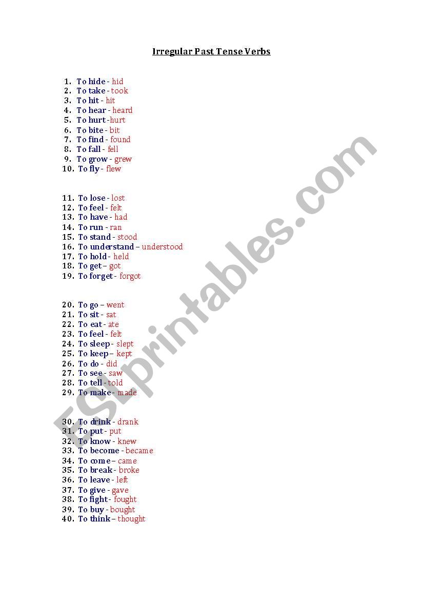 Irregular Past Tense Verbs worksheet