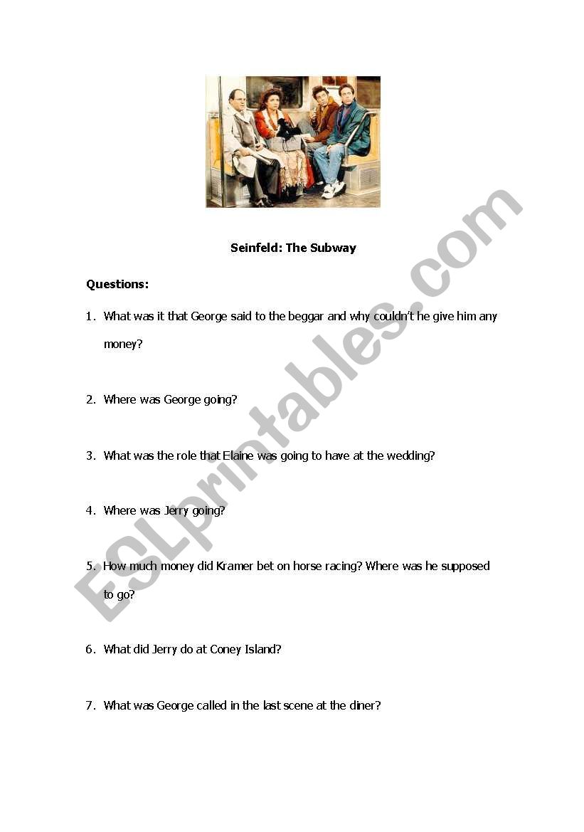 Seinfeld Comprehension Sheet worksheet