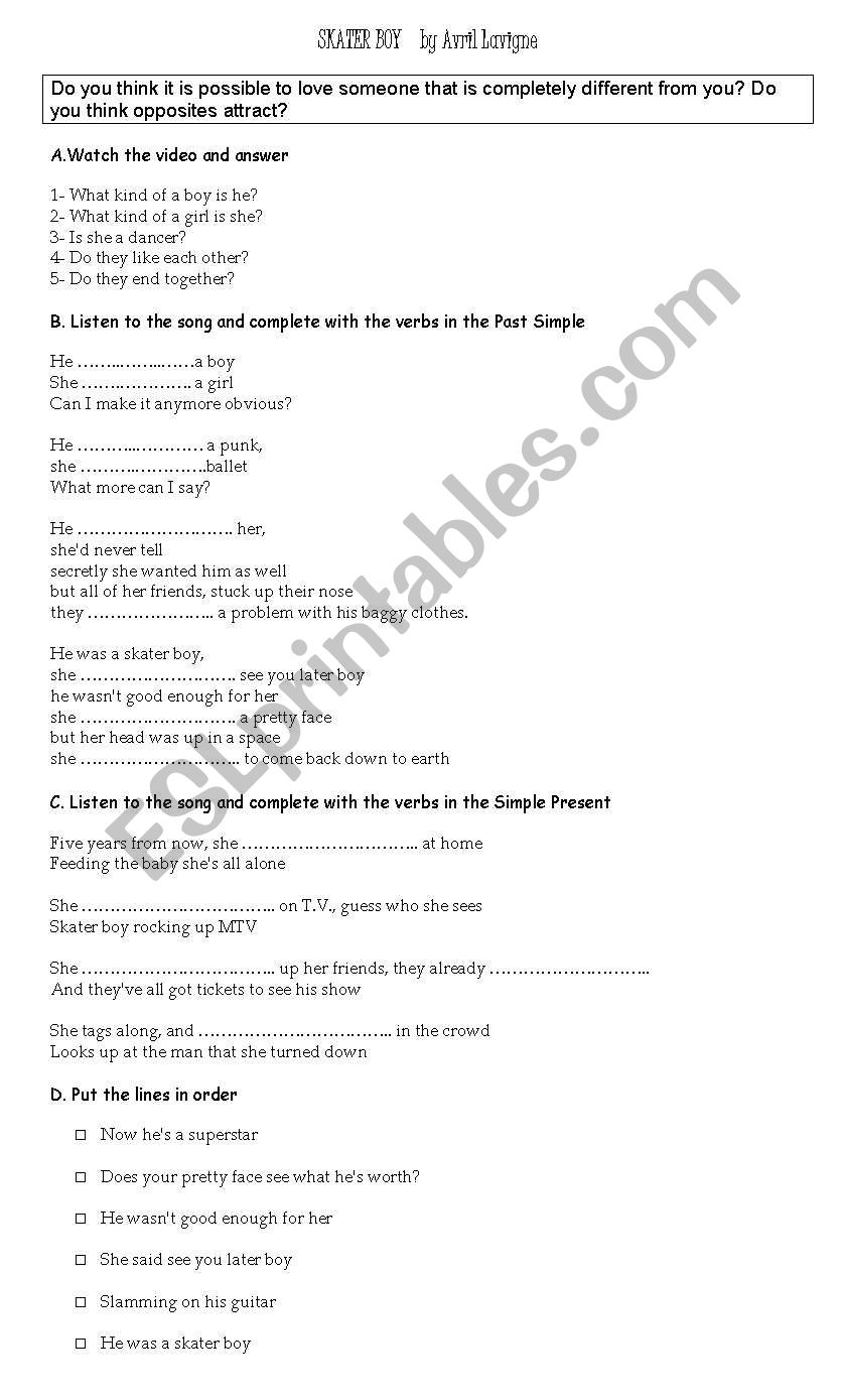 Sk8ter boy worksheet