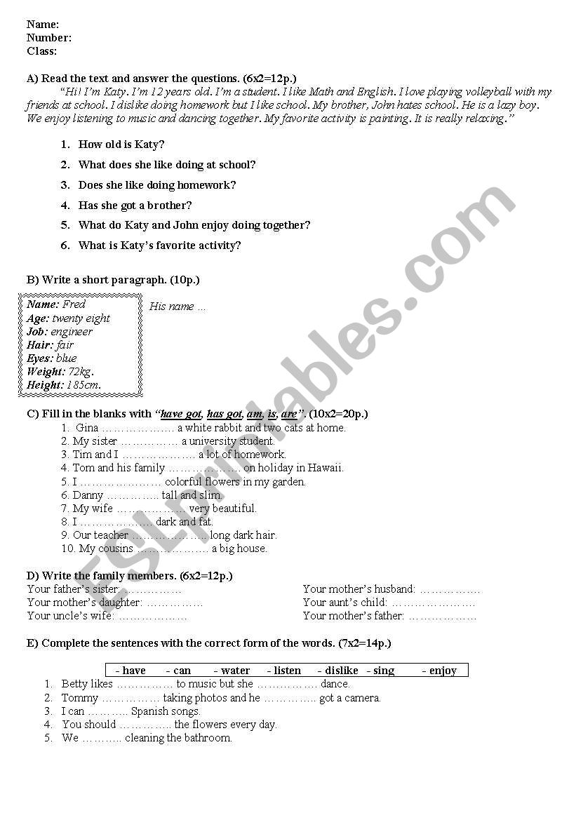 An exam  worksheet