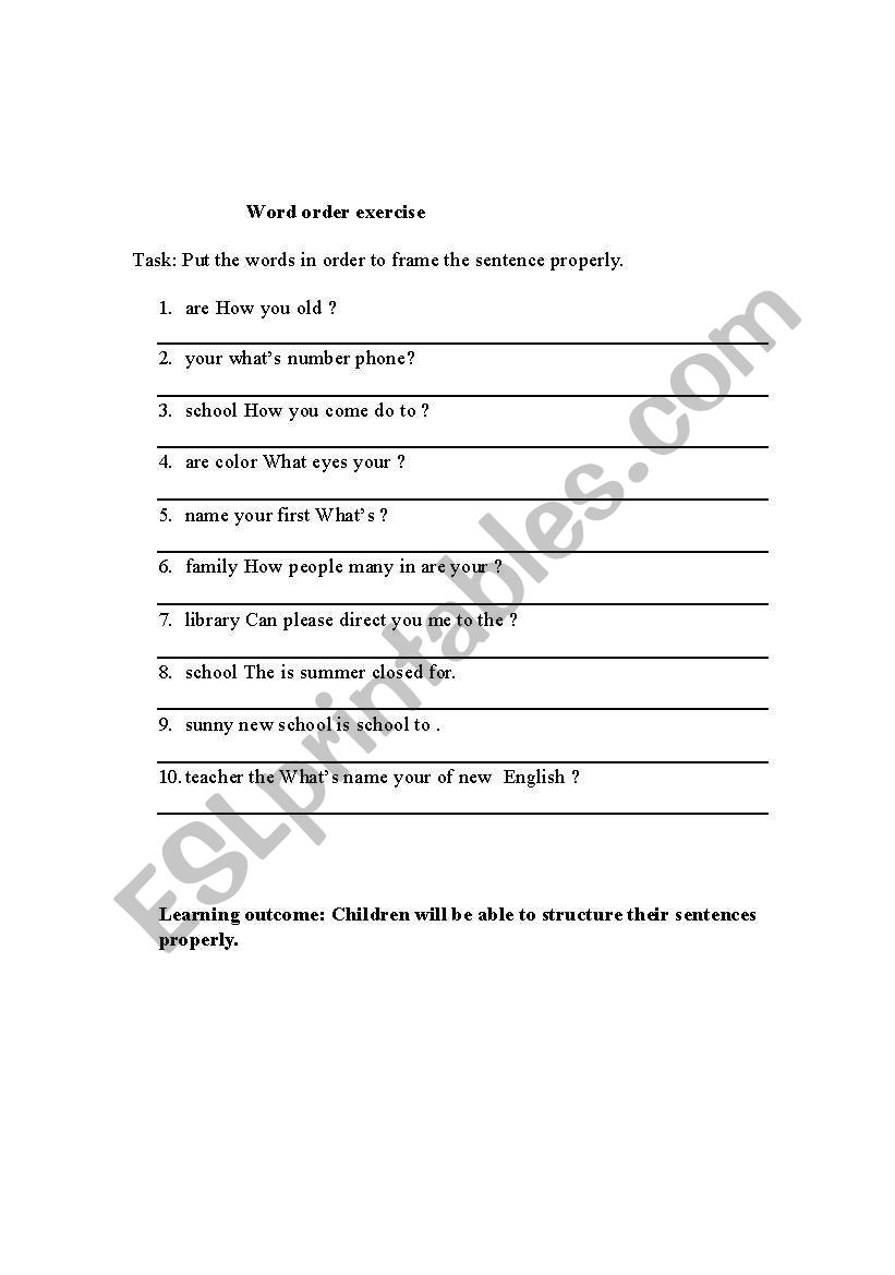 word order worksheet
