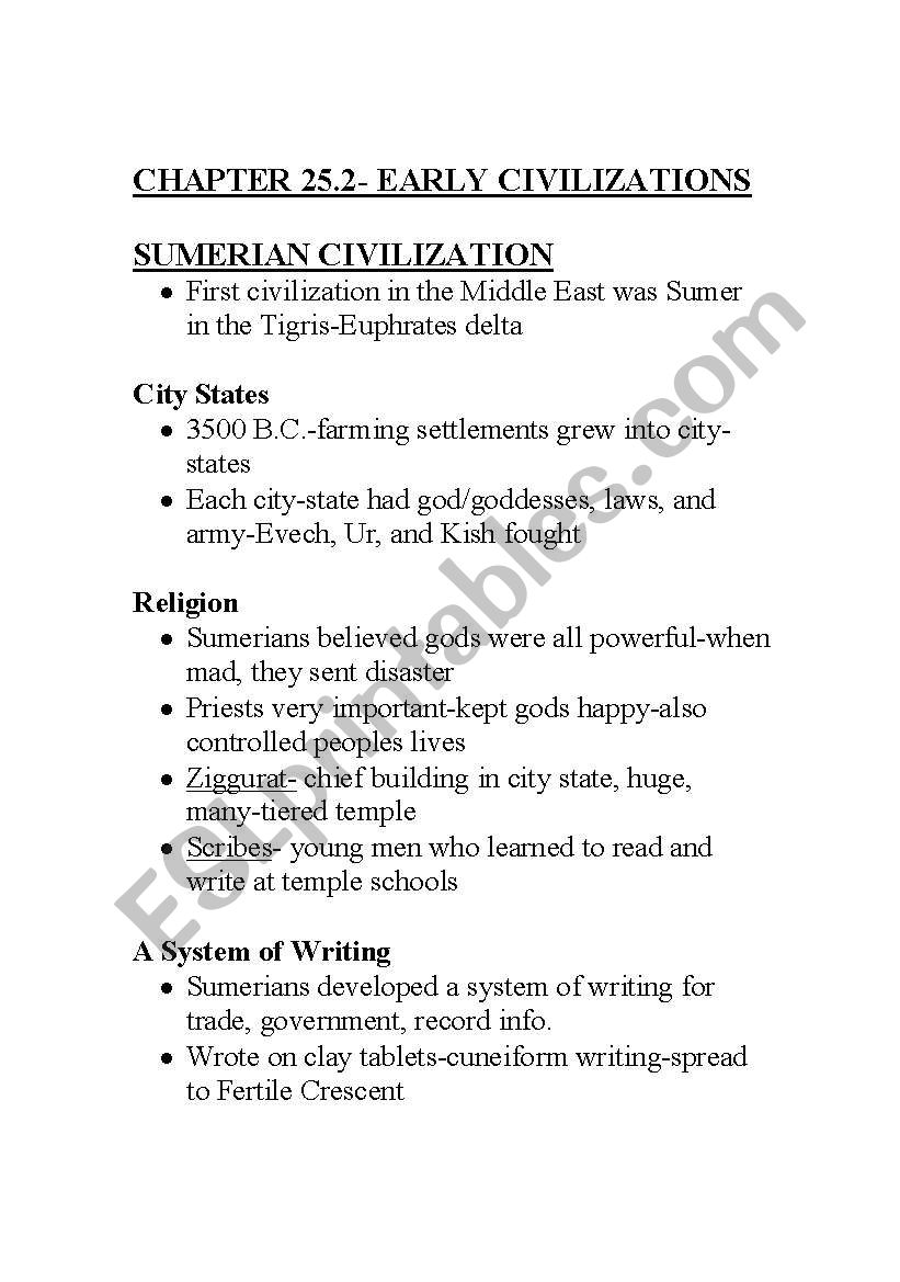 Sumerian Civilization worksheet