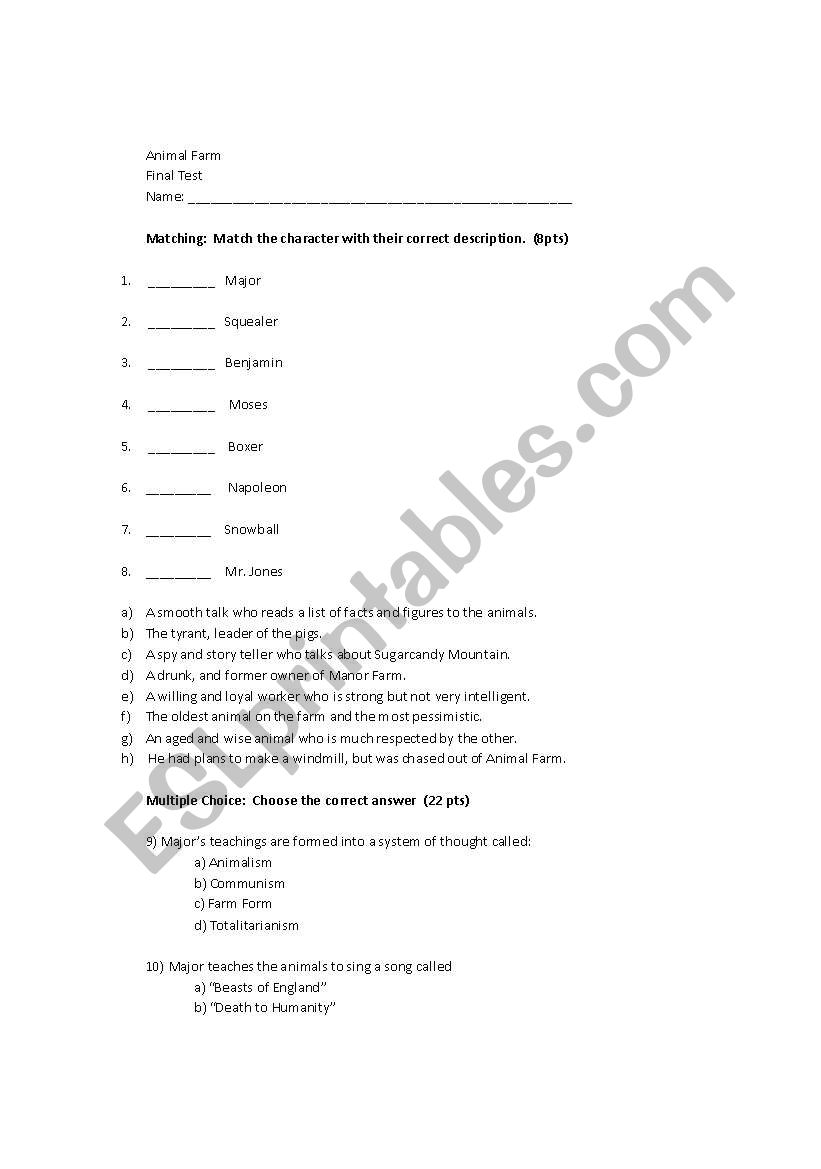 Animal Farm Test  worksheet