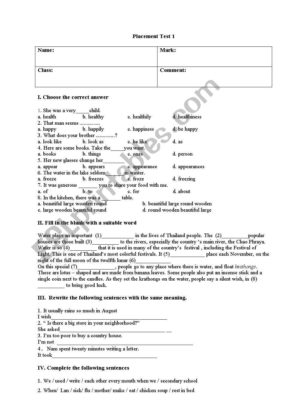 grammar test  worksheet
