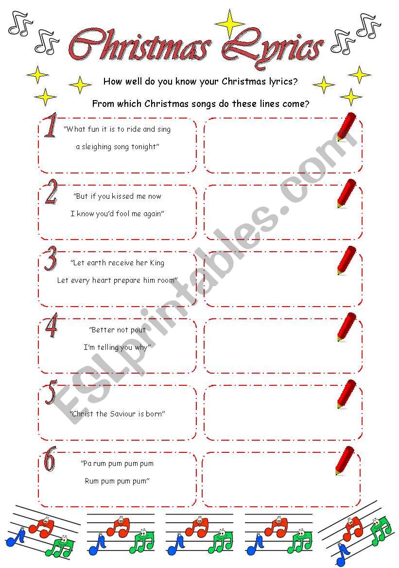 Christmas Lyrics (2 pages + key)