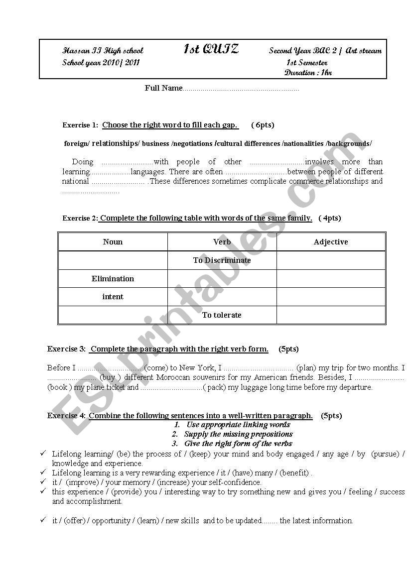 Vocabulary Quiz worksheet