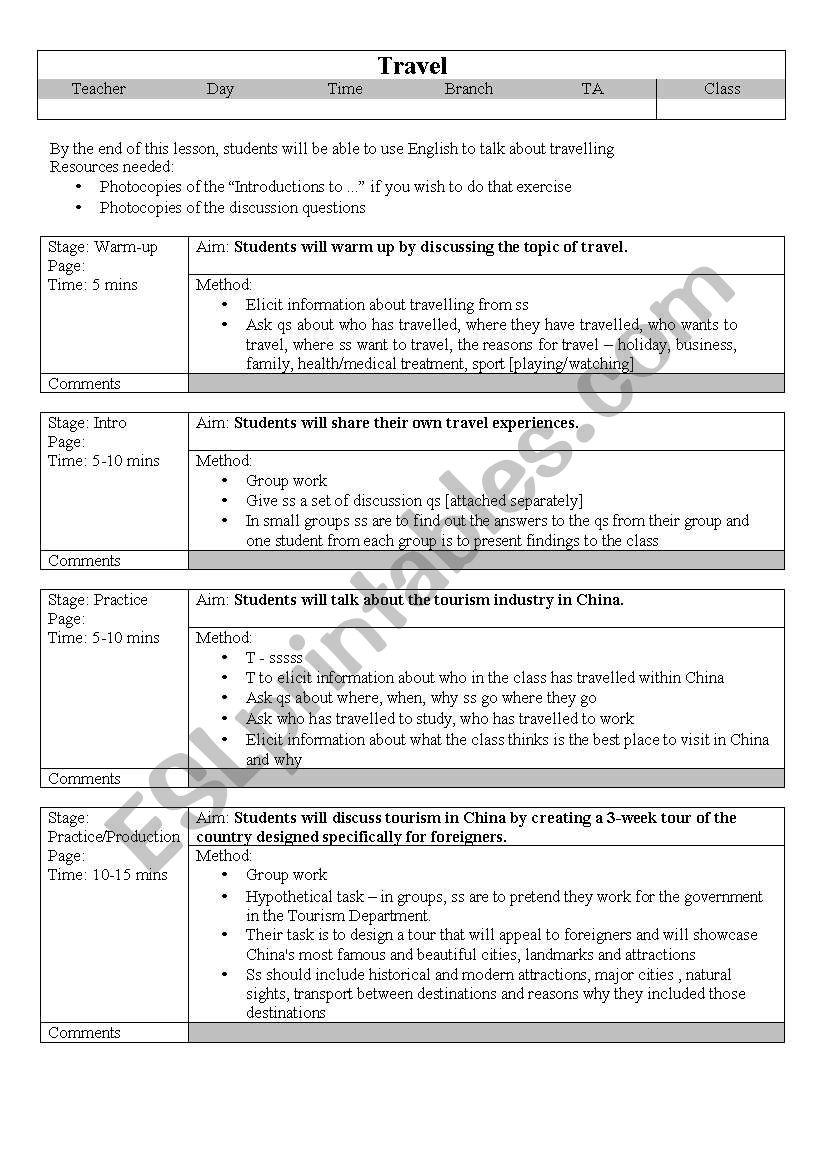 Lesson plan: Travel worksheet