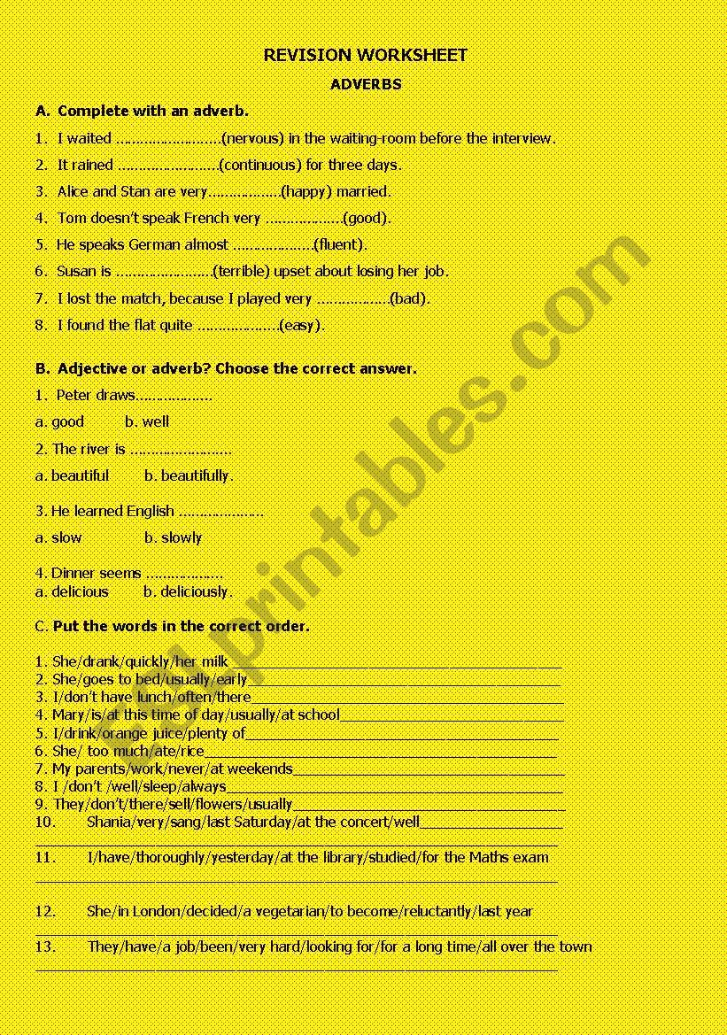 Revision worksheet on adverbs, prepositional verbs, past tenses, the definite article