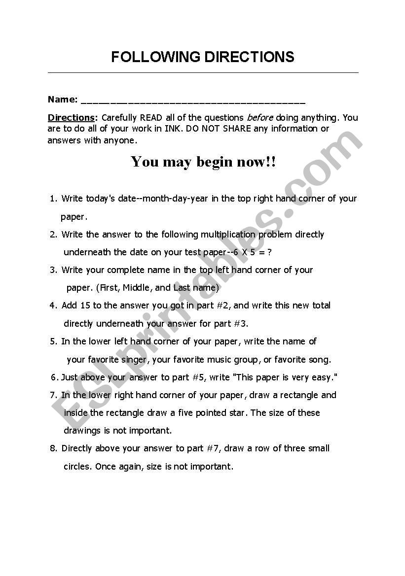 Following Directions worksheet