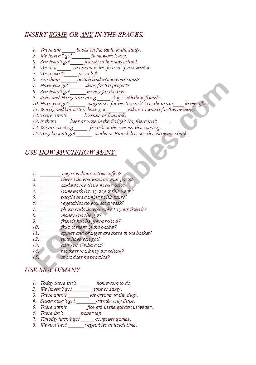 some/any much/many elementary worksheet