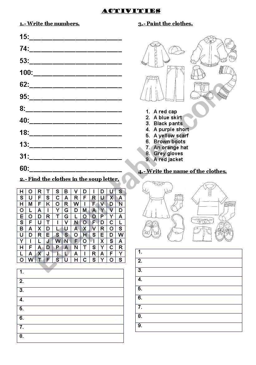 Numbers and clothes worksheet