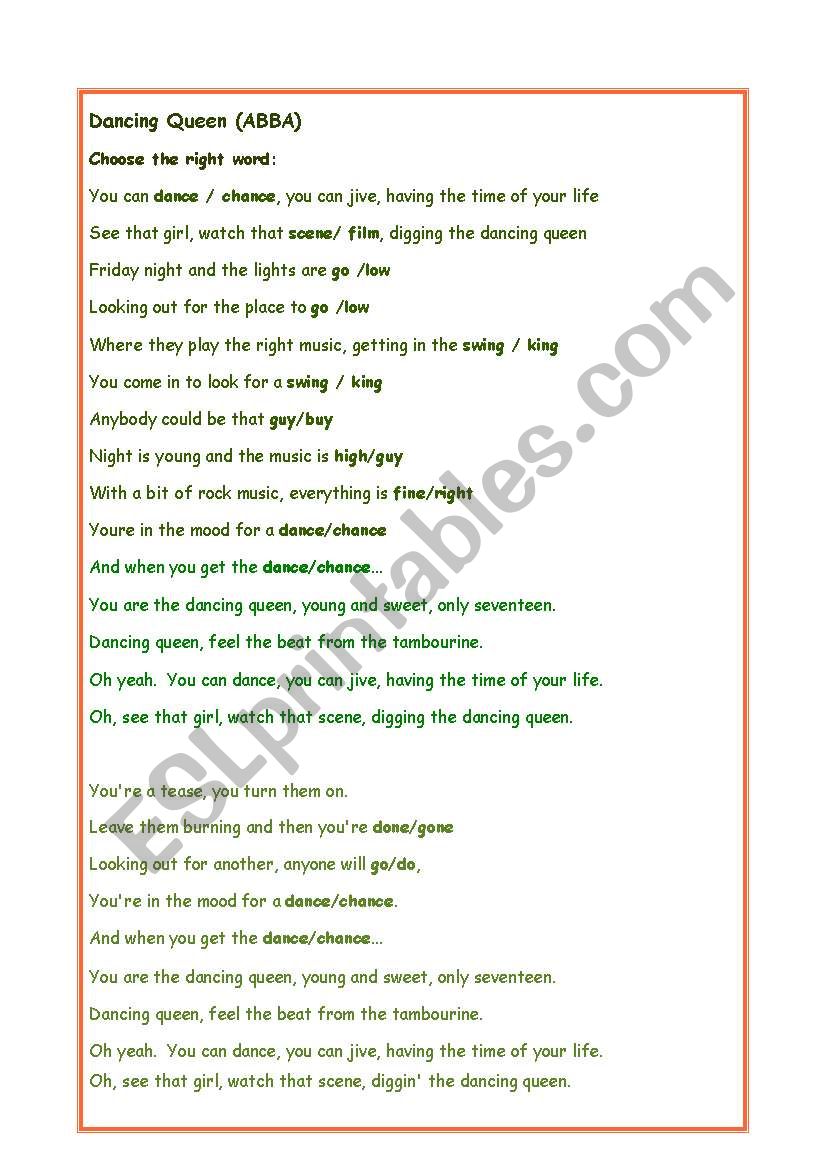 Song - Dancing Queen worksheet