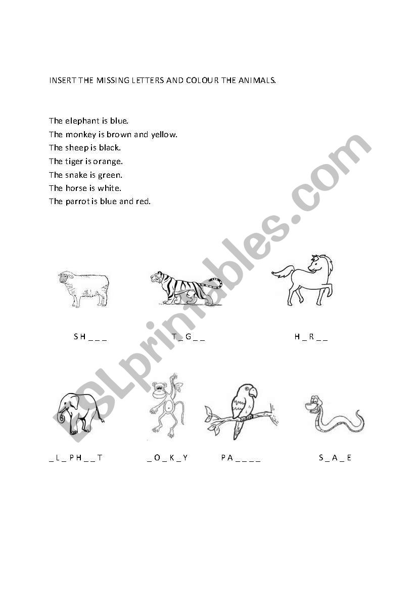 Animals and colours worksheet