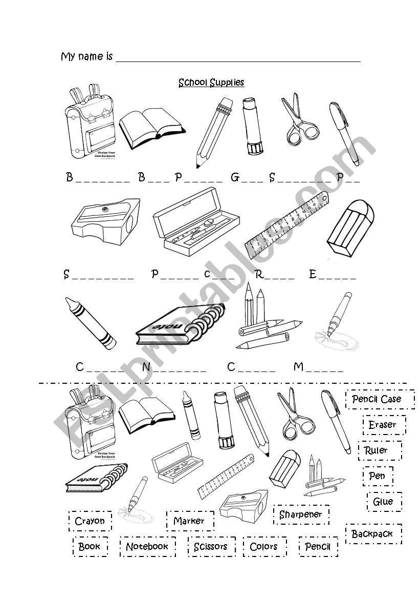 School Supplies Vocabulary worksheet