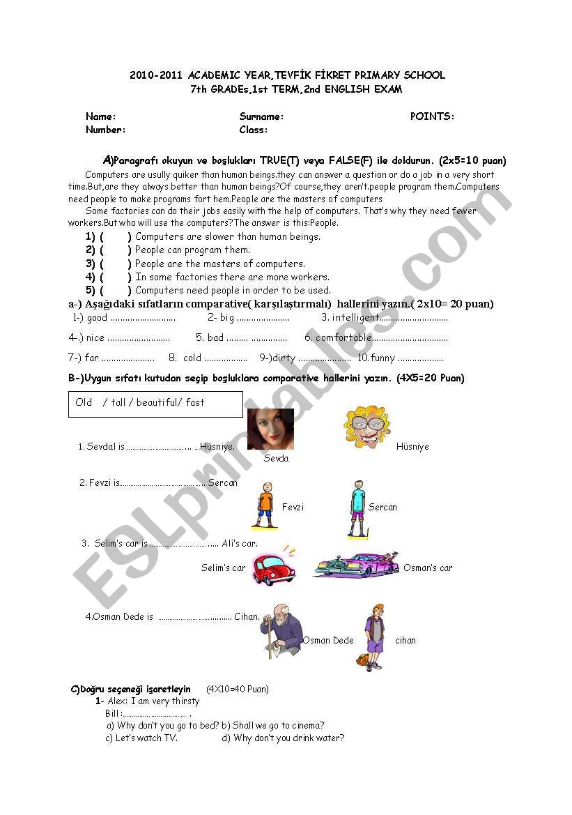 7th grade 2nd exam sample worksheet