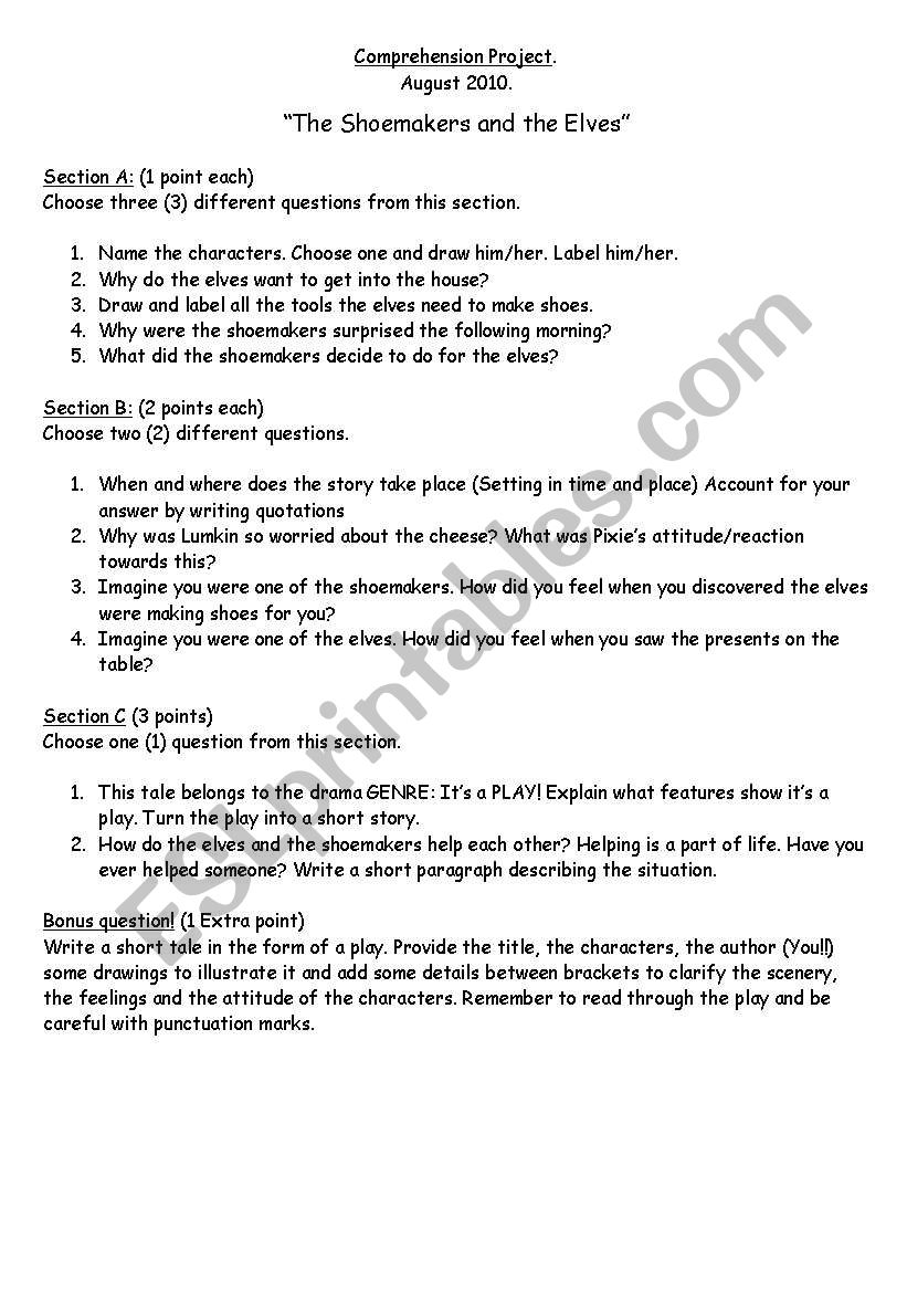 The Shoemakers and the Elves worksheet