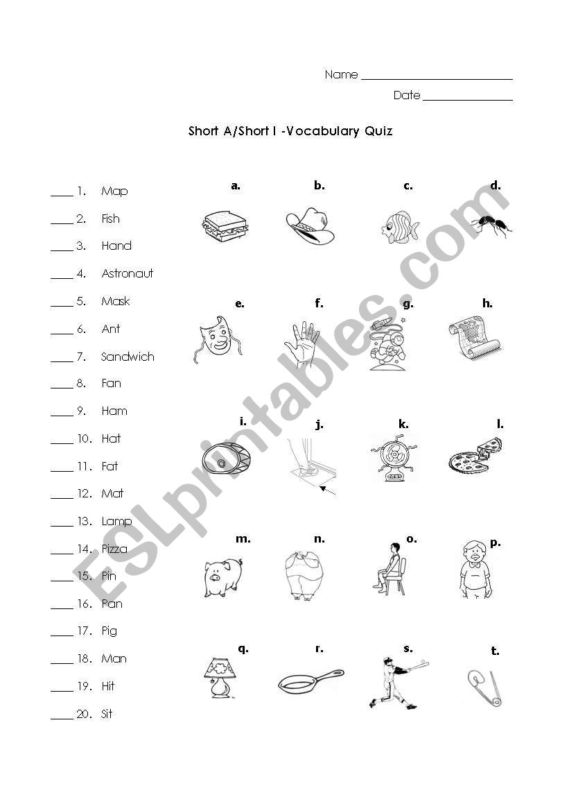 Short a and Short i Vocabulary Quiz (young/beginning learners)
