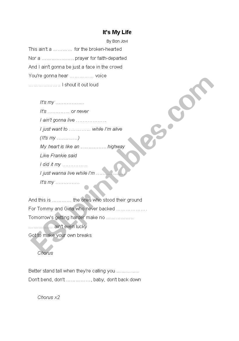 Its my life - Bon Jovi  worksheet