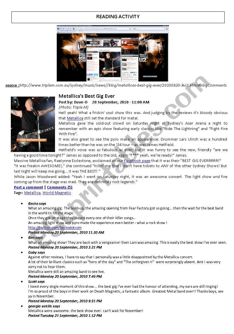 Metallicas best gig ever worksheet