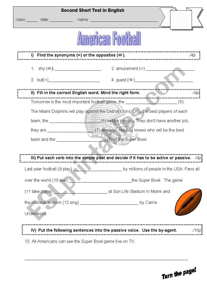 Test: American Football, Passive, Vocabulary, 