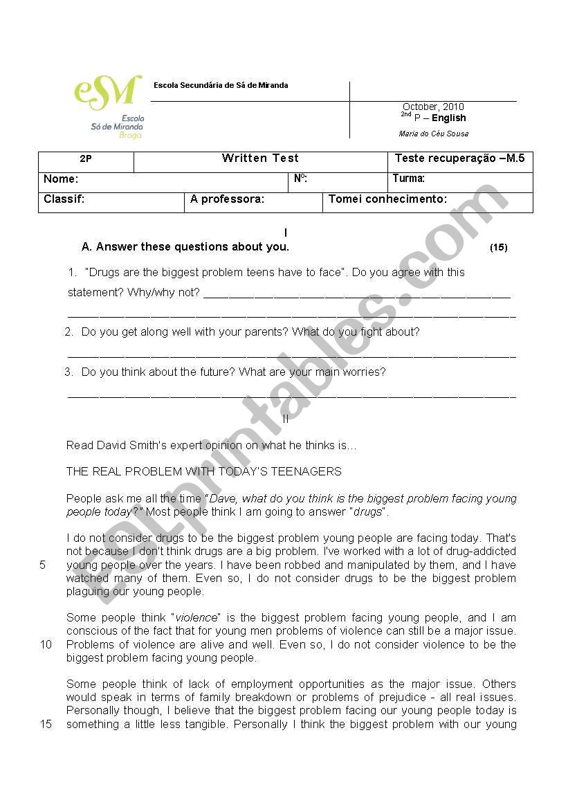 test module 5 - teens world worksheet