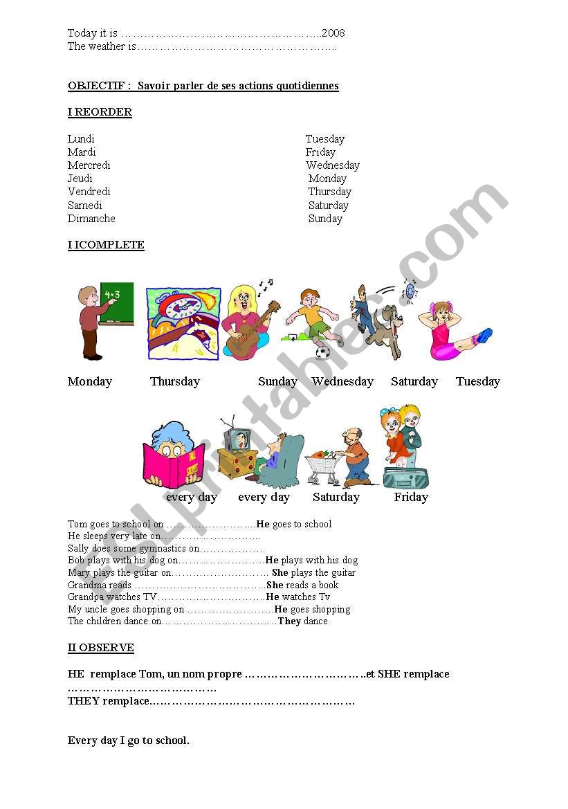 Monday , tuesday , wednesday  worksheet